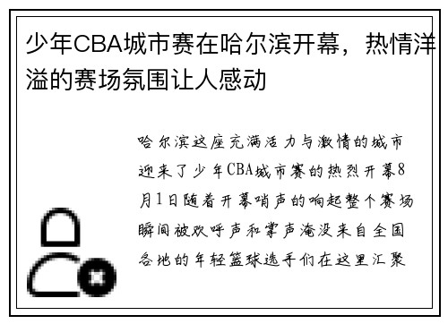 少年CBA城市赛在哈尔滨开幕，热情洋溢的赛场氛围让人感动