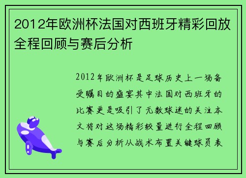 2012年欧洲杯法国对西班牙精彩回放全程回顾与赛后分析